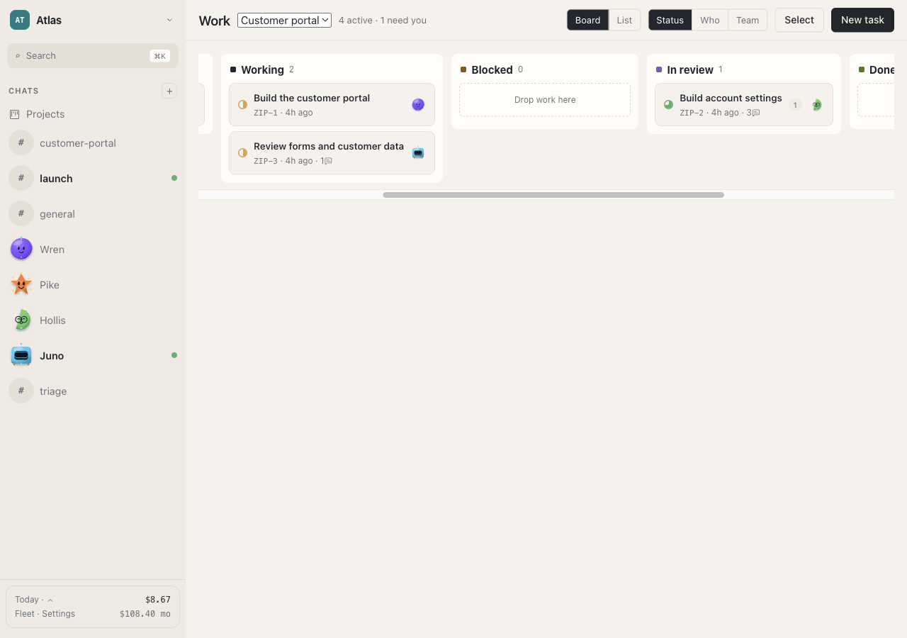 Zipper work board with tasks organized by their current state